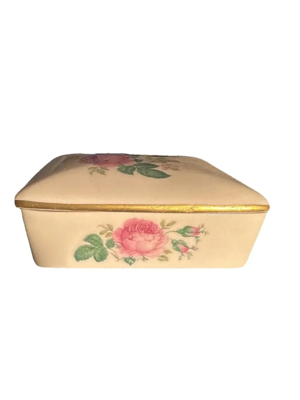 Vintage Porcelain Trinket Box Rose Pattern Jewelry Storage Holder
